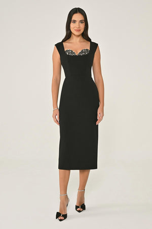 Crepe Midi Dress with Chest Accessory