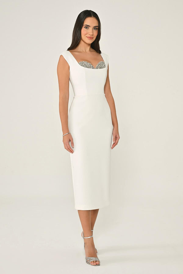 Crepe Midi Dress with Chest Accessory