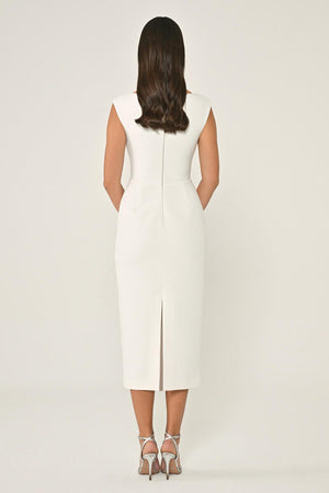 Crepe Midi Dress with Chest Accessory