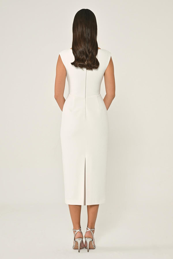 Crepe Midi Dress with Chest Accessory