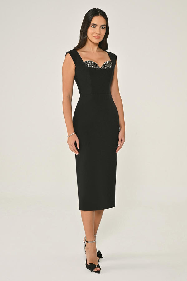 Crepe Midi Dress with Chest Accessory