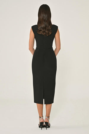 Crepe Midi Dress with Chest Accessory
