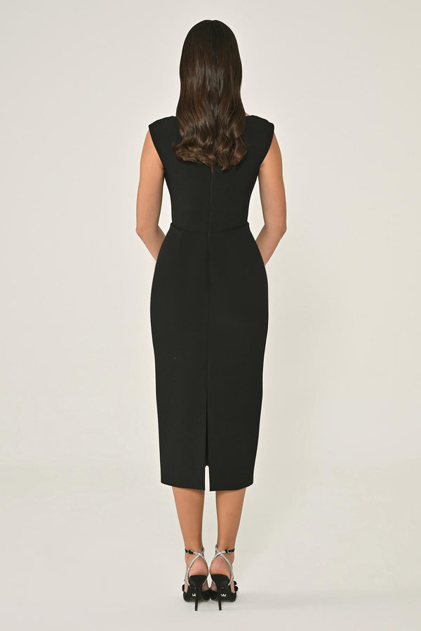 Crepe Midi Dress with Chest Accessory