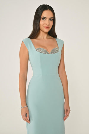 Crepe Midi Dress with Chest Accessory