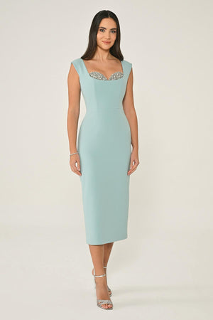 Crepe Midi Dress with Chest Accessory