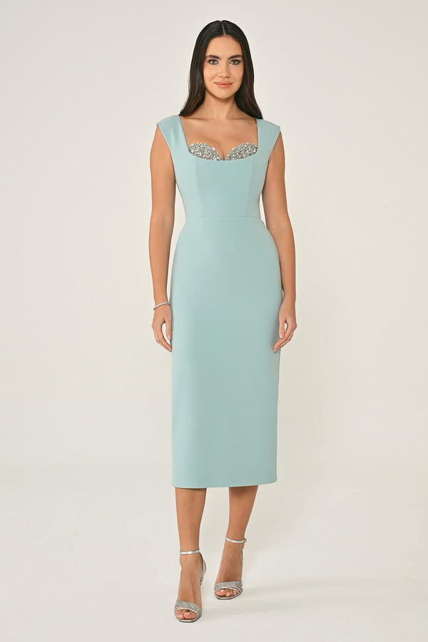 Crepe Midi Dress with Chest Accessory