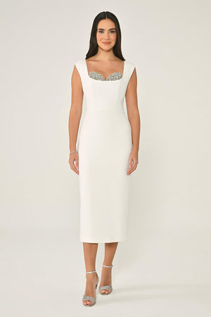 Crepe Midi Dress with Chest Accessory