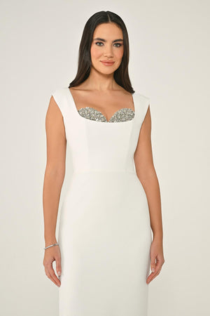 Crepe Midi Dress with Chest Accessory