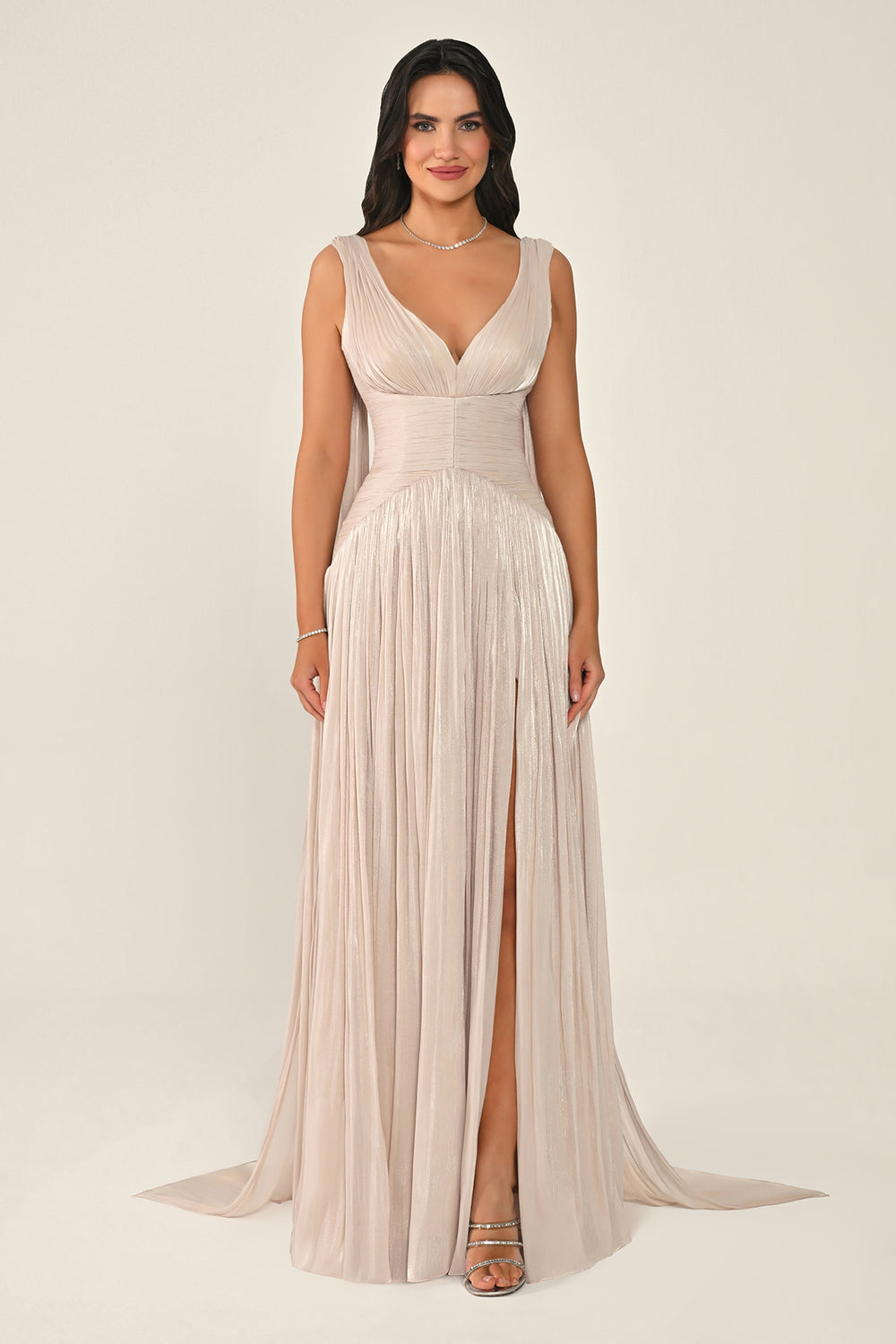 Long Shiny Chiffon Dress with Plunging Neckline and Train