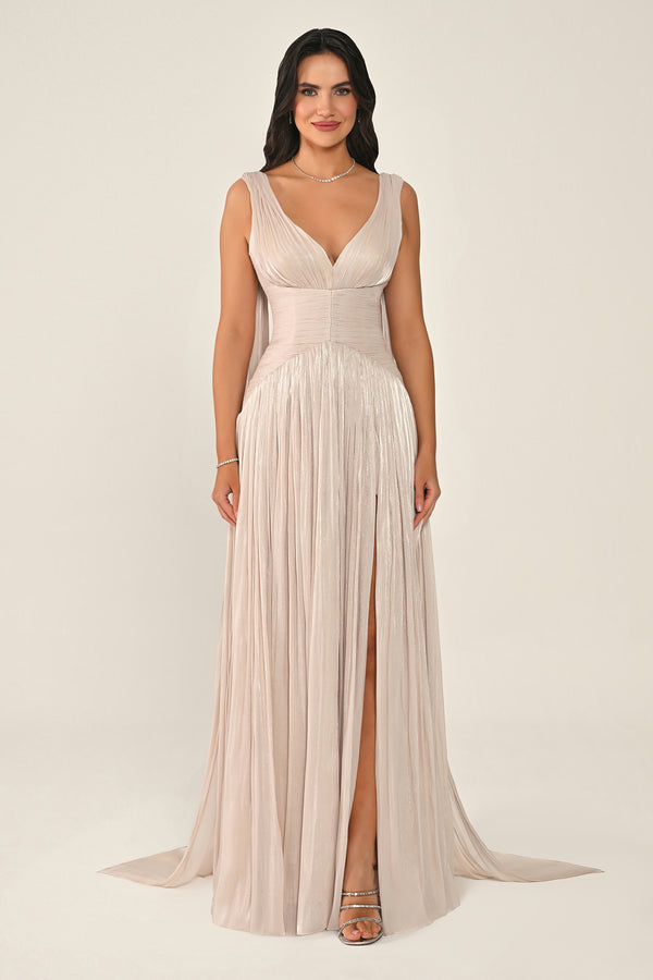 Long Shiny Chiffon Dress with Plunging Neckline and Train