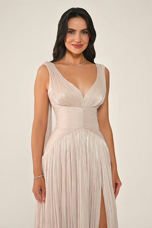 Long Shiny Chiffon Dress with Plunging Neckline and Train