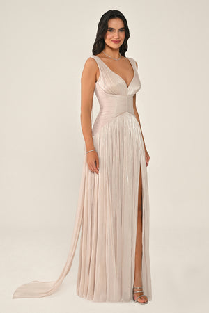 Long Shiny Chiffon Dress with Plunging Neckline and Train