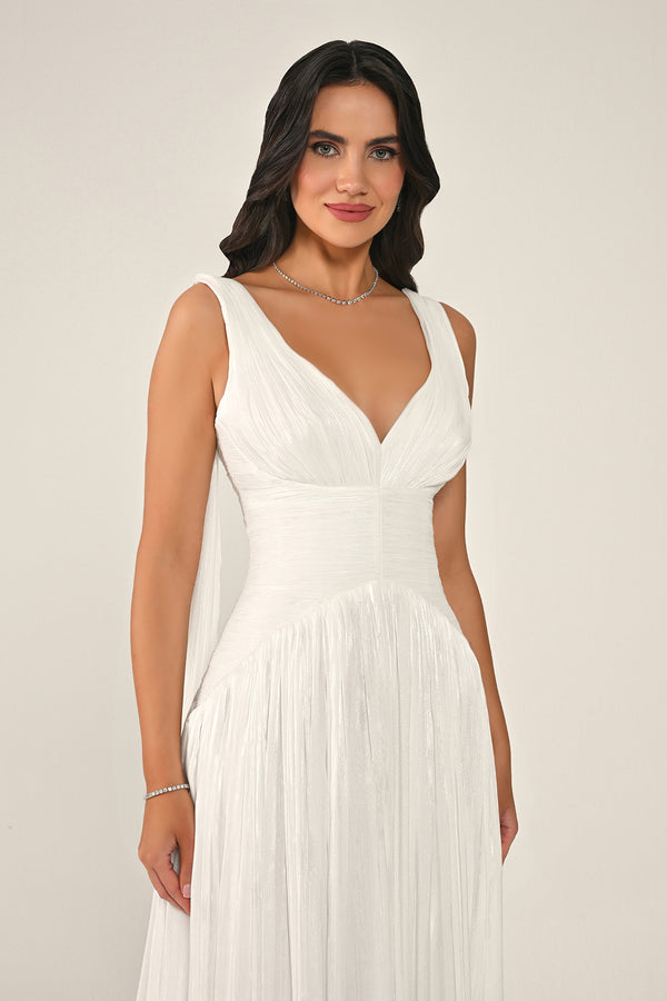 Long Shiny Chiffon Dress with Plunging Neckline and Train