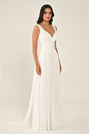Long Shiny Chiffon Dress with Plunging Neckline and Train