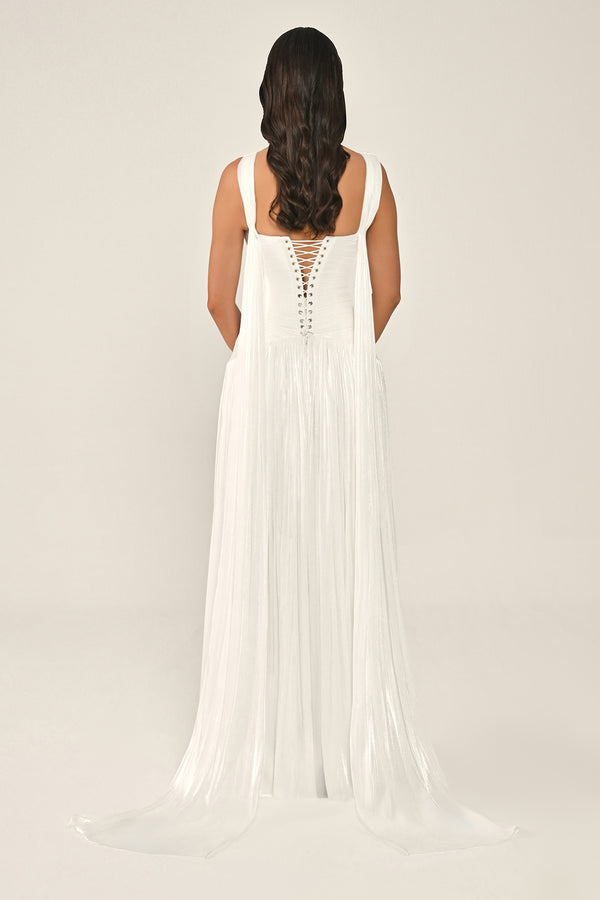 Long Shiny Chiffon Dress with Plunging Neckline and Train