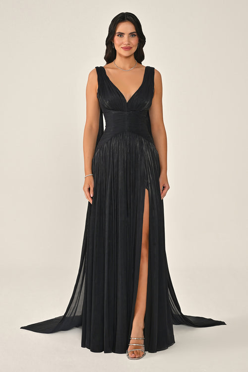 Long Shiny Chiffon Dress with Plunging Neckline and Train