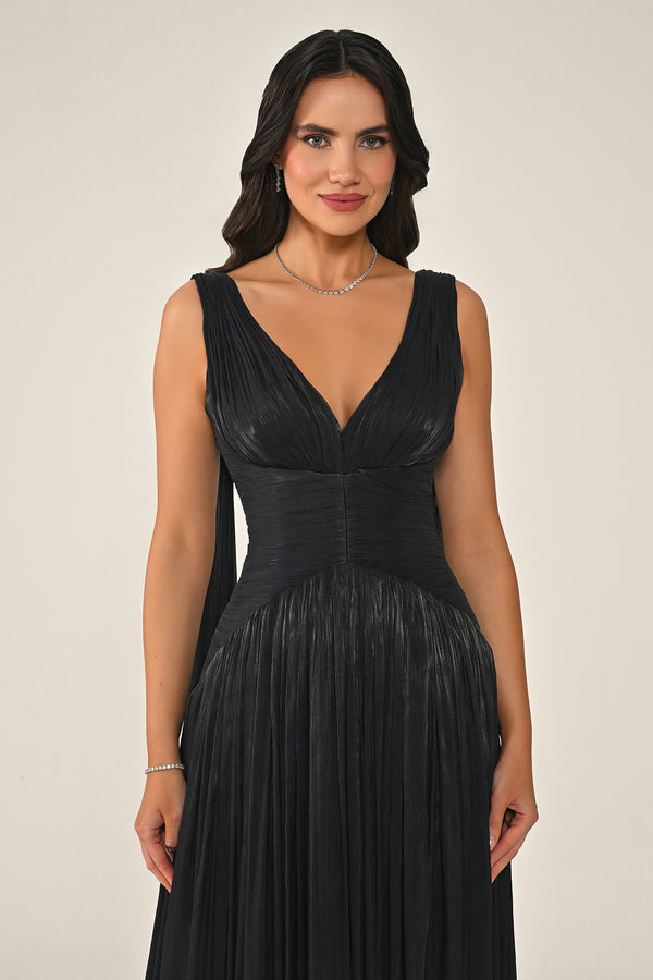Long Shiny Chiffon Dress with Plunging Neckline and Train