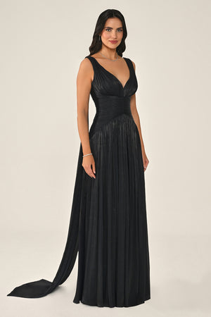 Long Shiny Chiffon Dress with Plunging Neckline and Train