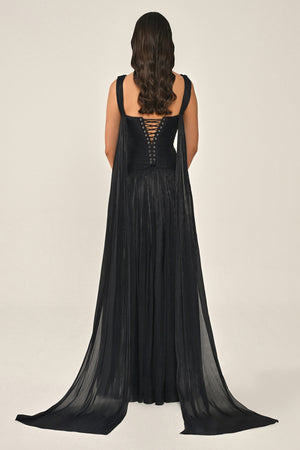 Long Shiny Chiffon Dress with Plunging Neckline and Train