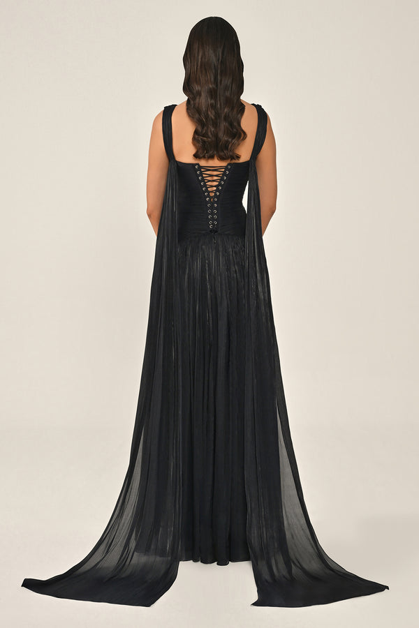 Long Shiny Chiffon Dress with Plunging Neckline and Train