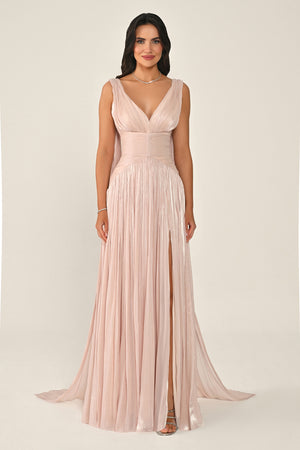 Long Shiny Chiffon Dress with Plunging Neckline and Train