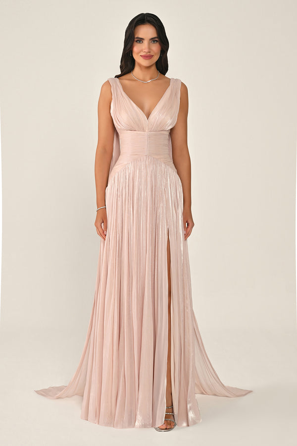 Long Shiny Chiffon Dress with Plunging Neckline and Train