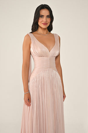 Long Shiny Chiffon Dress with Plunging Neckline and Train