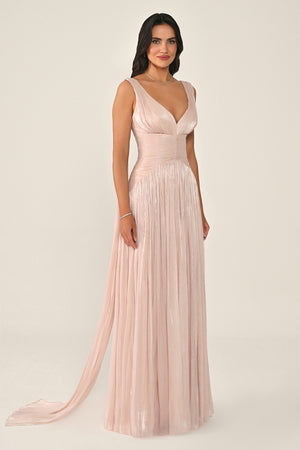 Long Shiny Chiffon Dress with Plunging Neckline and Train