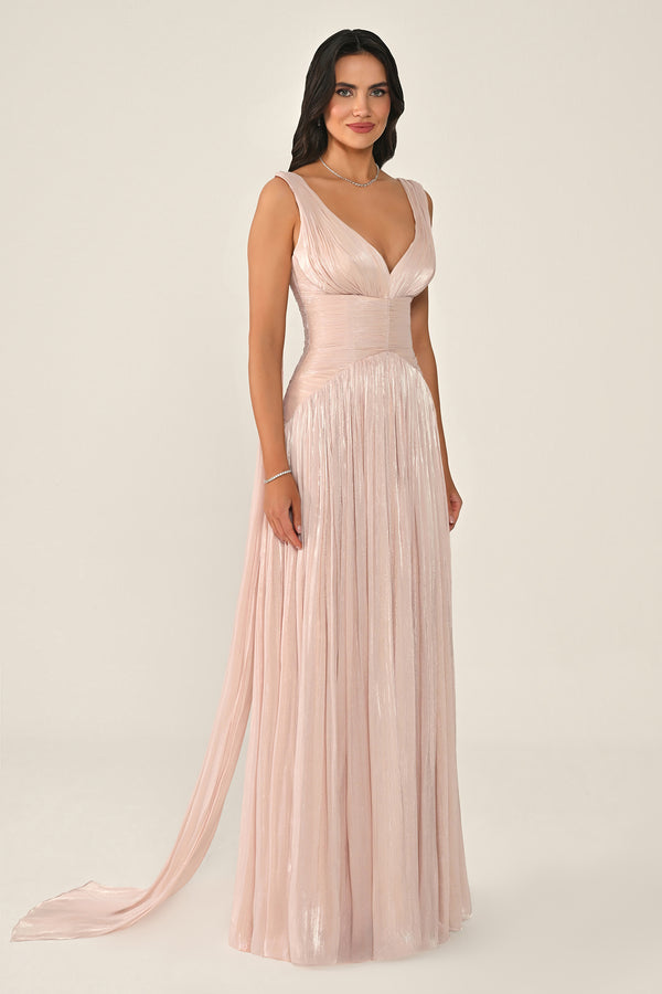 Long Shiny Chiffon Dress with Plunging Neckline and Train