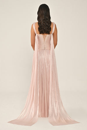 Long Shiny Chiffon Dress with Plunging Neckline and Train