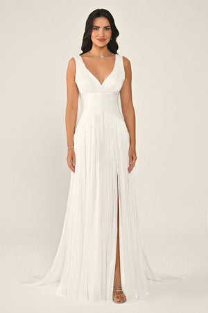 Long Shiny Chiffon Dress with Plunging Neckline and Train