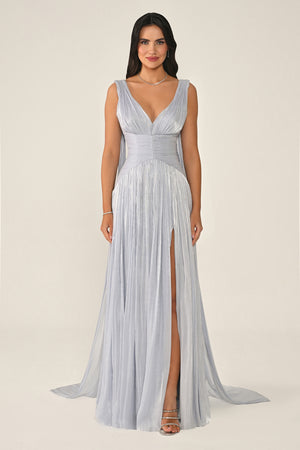 Long Shiny Chiffon Dress with Plunging Neckline and Train