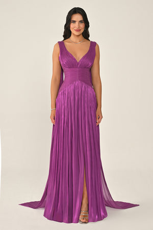 Long Shiny Chiffon Dress with Plunging Neckline and Train