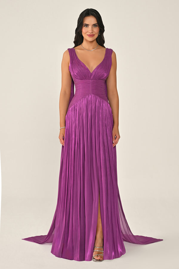 Long Shiny Chiffon Dress with Plunging Neckline and Train