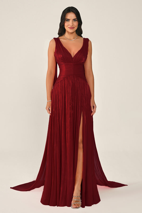 Long Shiny Chiffon Dress with Plunging Neckline and Train