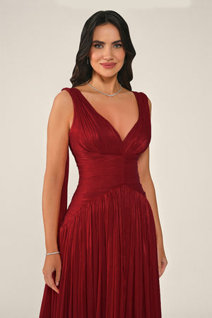 Long Shiny Chiffon Dress with Plunging Neckline and Train