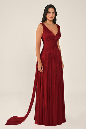 Long Shiny Chiffon Dress with Plunging Neckline and Train