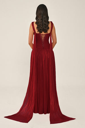 Long Shiny Chiffon Dress with Plunging Neckline and Train
