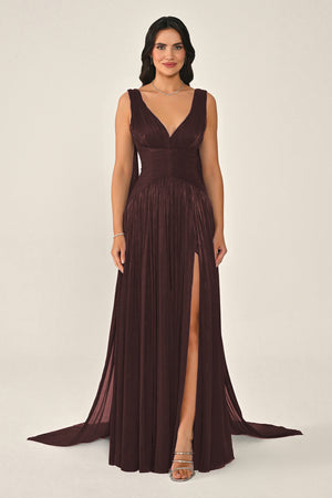 Long Shiny Chiffon Dress with Plunging Neckline and Train