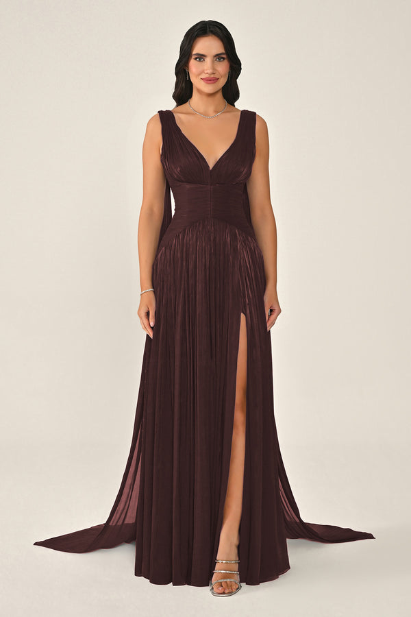 Long Shiny Chiffon Dress with Plunging Neckline and Train