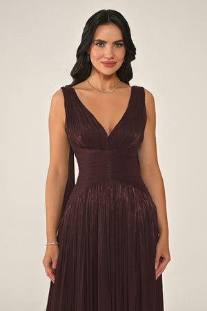 Long Shiny Chiffon Dress with Plunging Neckline and Train