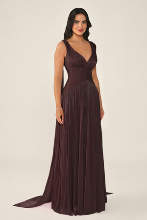 Long Shiny Chiffon Dress with Plunging Neckline and Train