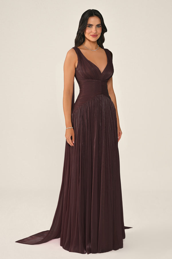 Long Shiny Chiffon Dress with Plunging Neckline and Train