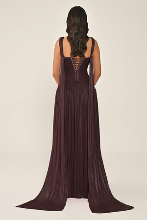 Long Shiny Chiffon Dress with Plunging Neckline and Train