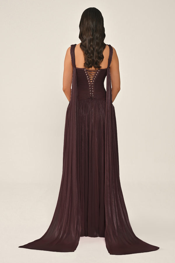 Long Shiny Chiffon Dress with Plunging Neckline and Train