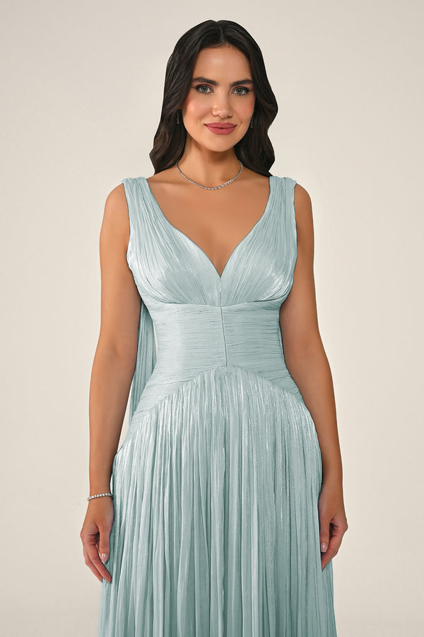 Long Shiny Chiffon Dress with Plunging Neckline and Train