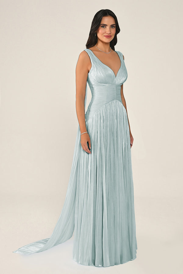 Long Shiny Chiffon Dress with Plunging Neckline and Train