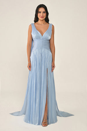 Long Shiny Chiffon Dress with Plunging Neckline and Train