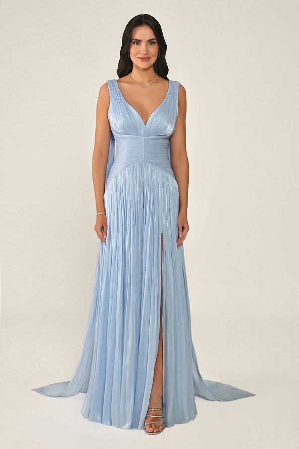 Long Shiny Chiffon Dress with Plunging Neckline and Train