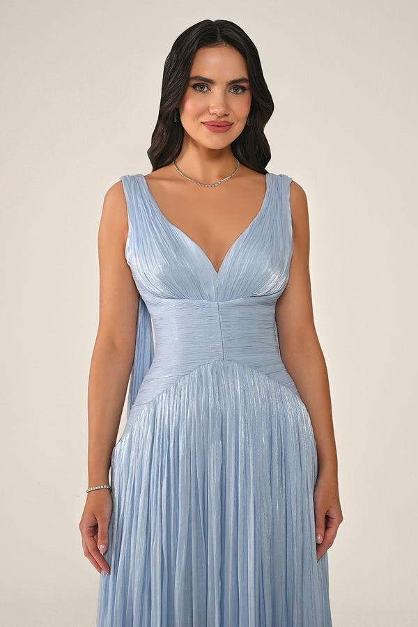 Long Shiny Chiffon Dress with Plunging Neckline and Train